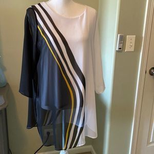 Alfani Sheer Iverlay Black White Yellow Top PL